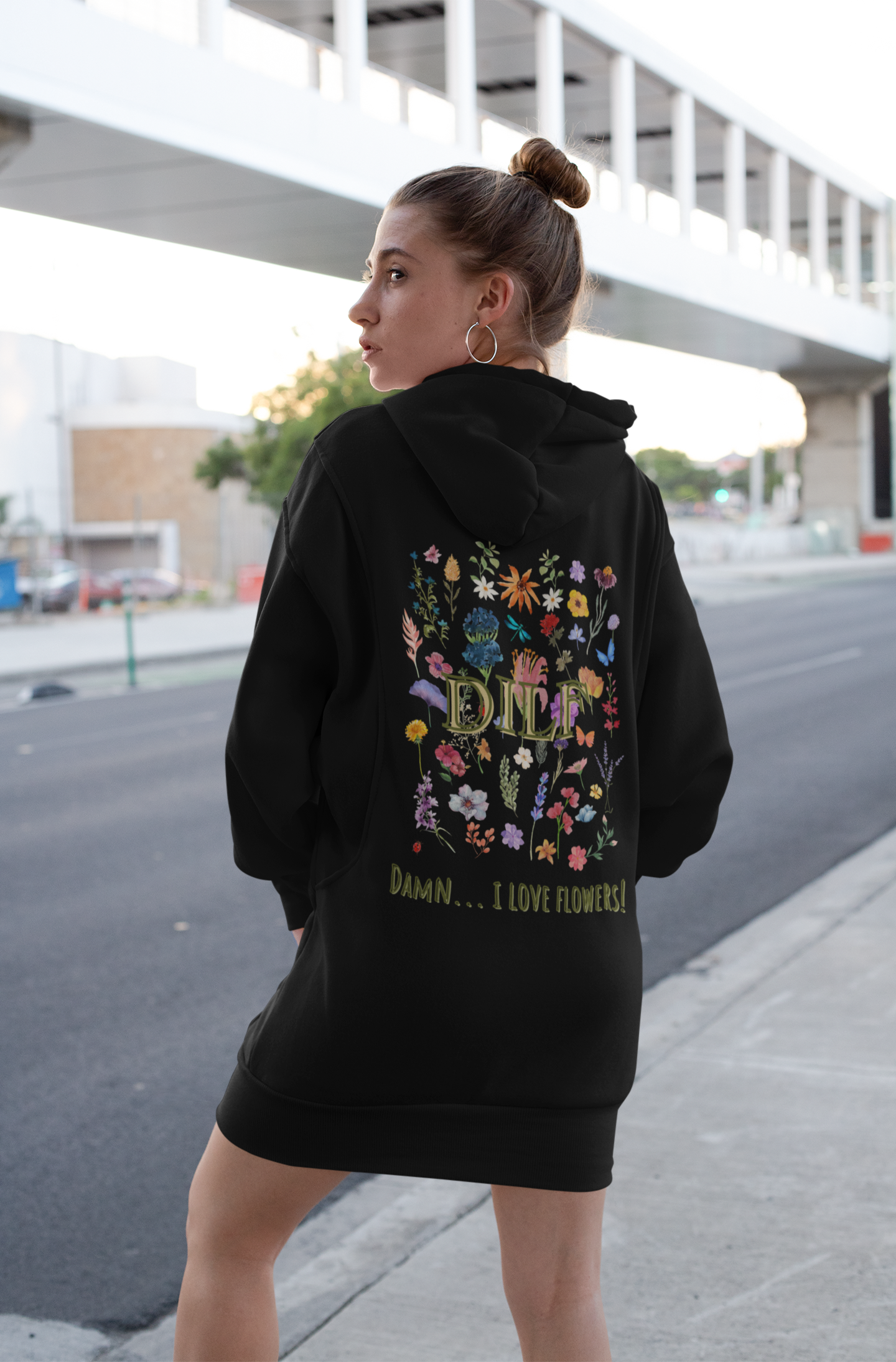 Damn, I Love Flowers 🌺 - Extra Long Hoodie - Front&Back - Flujo